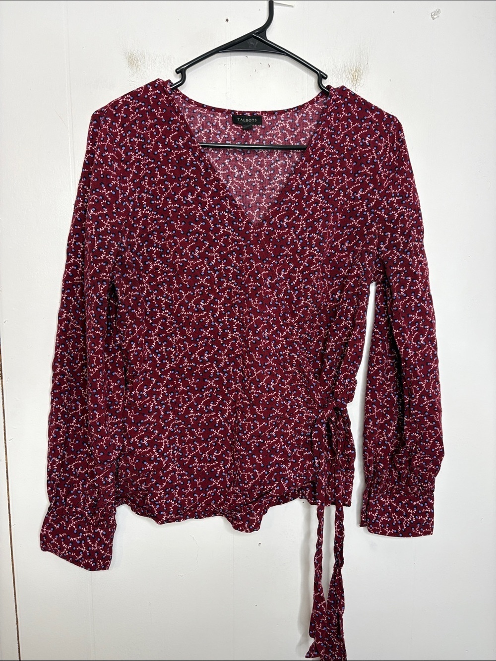 Talbots Top Womens Medium Wine Wrap Blouse Long Sleeve Maximalist Florals